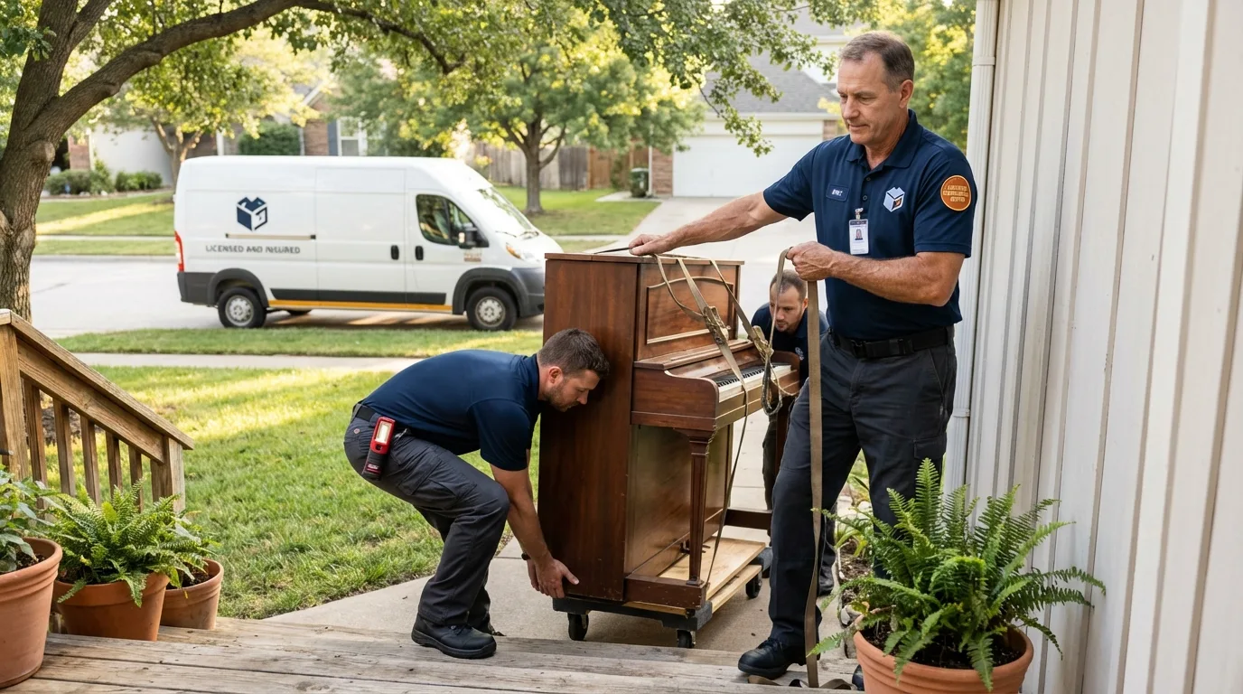 Licensed piano movers securing grand piano in Fostoria, OH