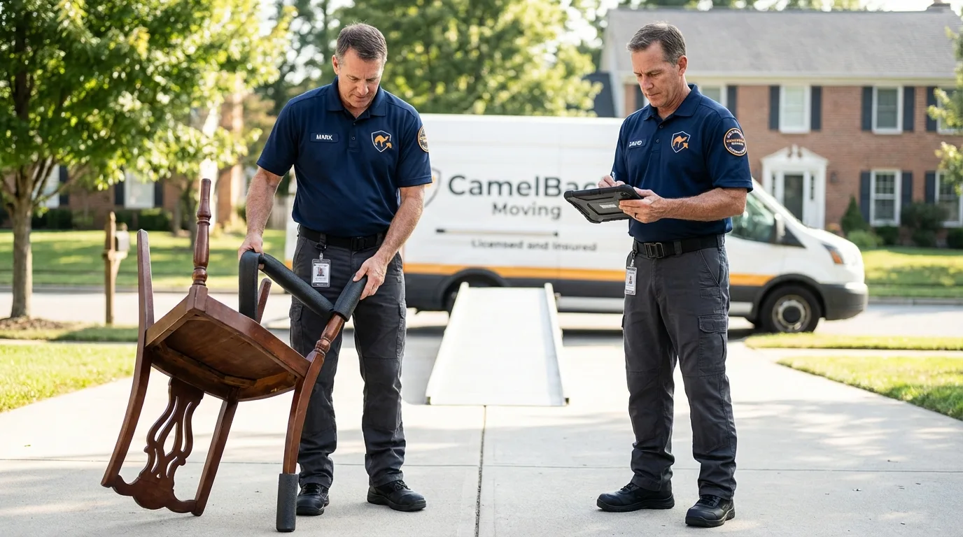 Movers inspecting furniture for damage prevention before loading in Fostoria, OH