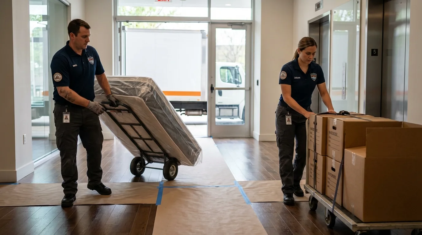Professional apartment movers loading elevator in Fostoria, OH