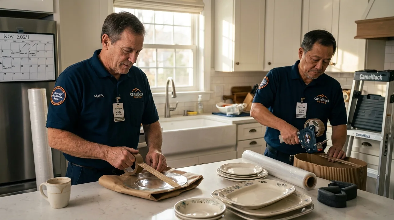 Professional crew packing kitchen dishware in Fostoria, OH